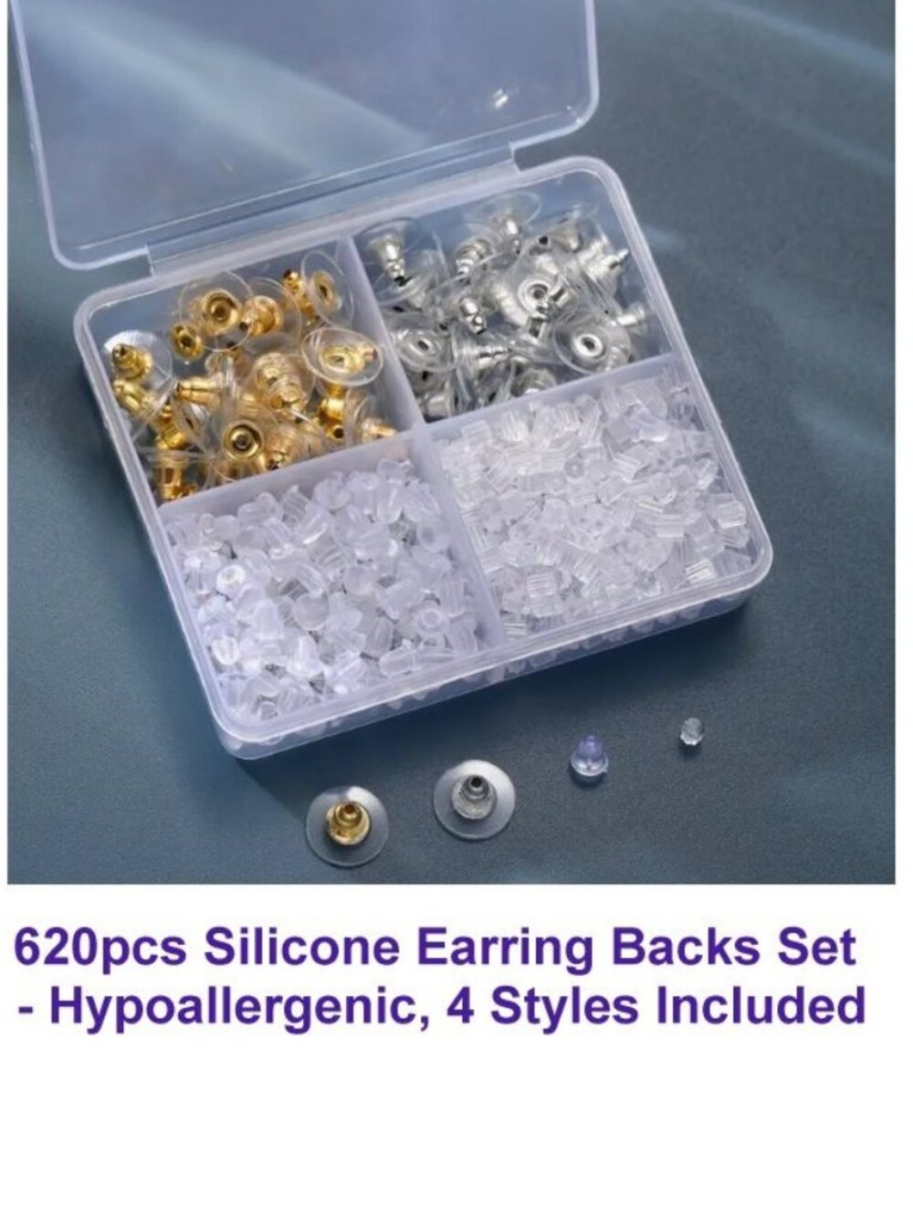 620pcs Silicone Earring Backs Set - Hypoallergenic, 4 Styles included